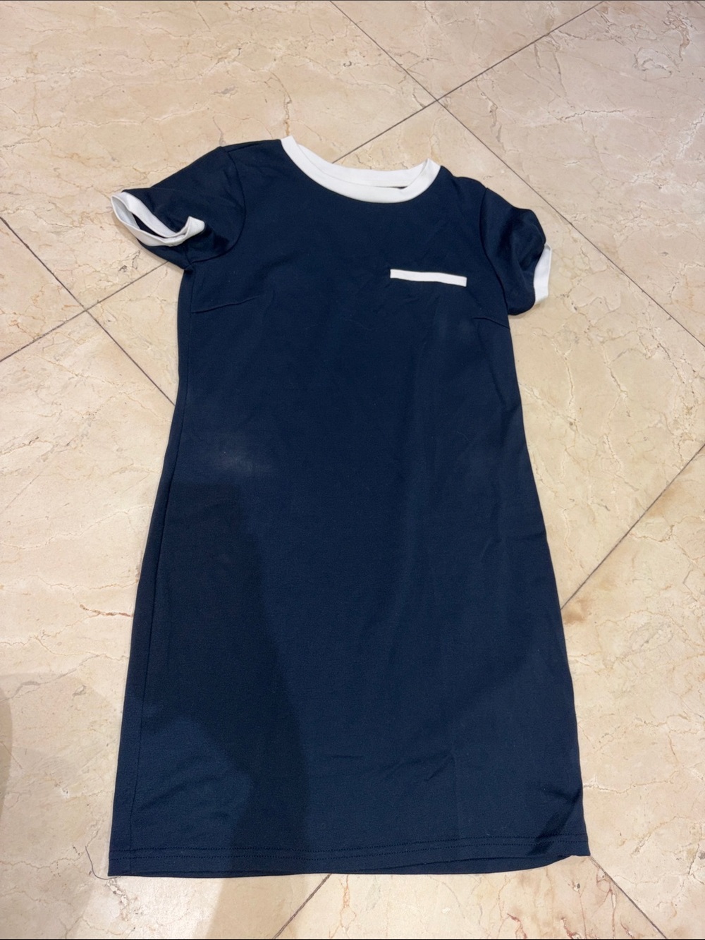 Navy Blue Short-Sleeve Ringer Dress with White Trim